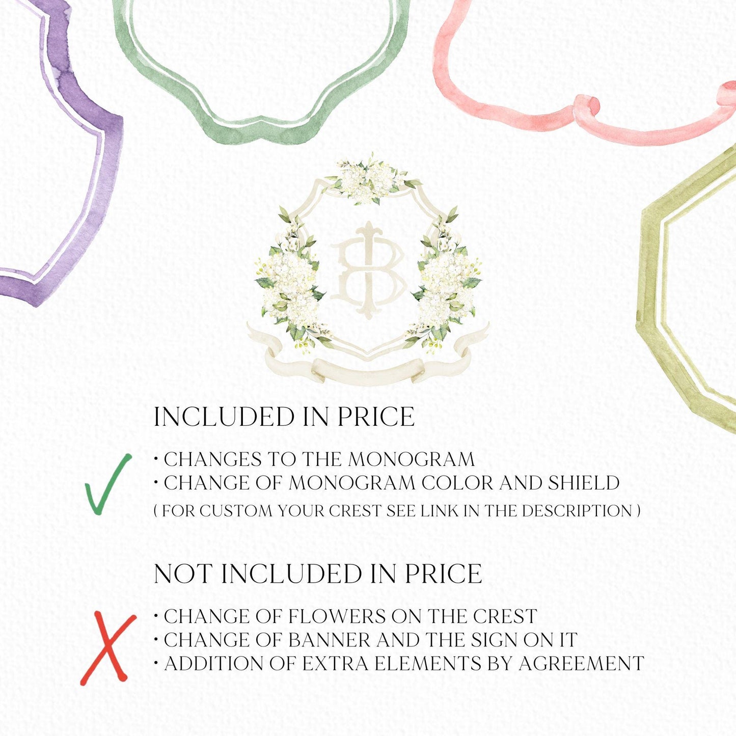 Hydrangea White Flower Wedding Crest - Monogram Crest - White Hydrangea Floral Luxury Watercolor Wedding Crest - Romantic Wedding Crest