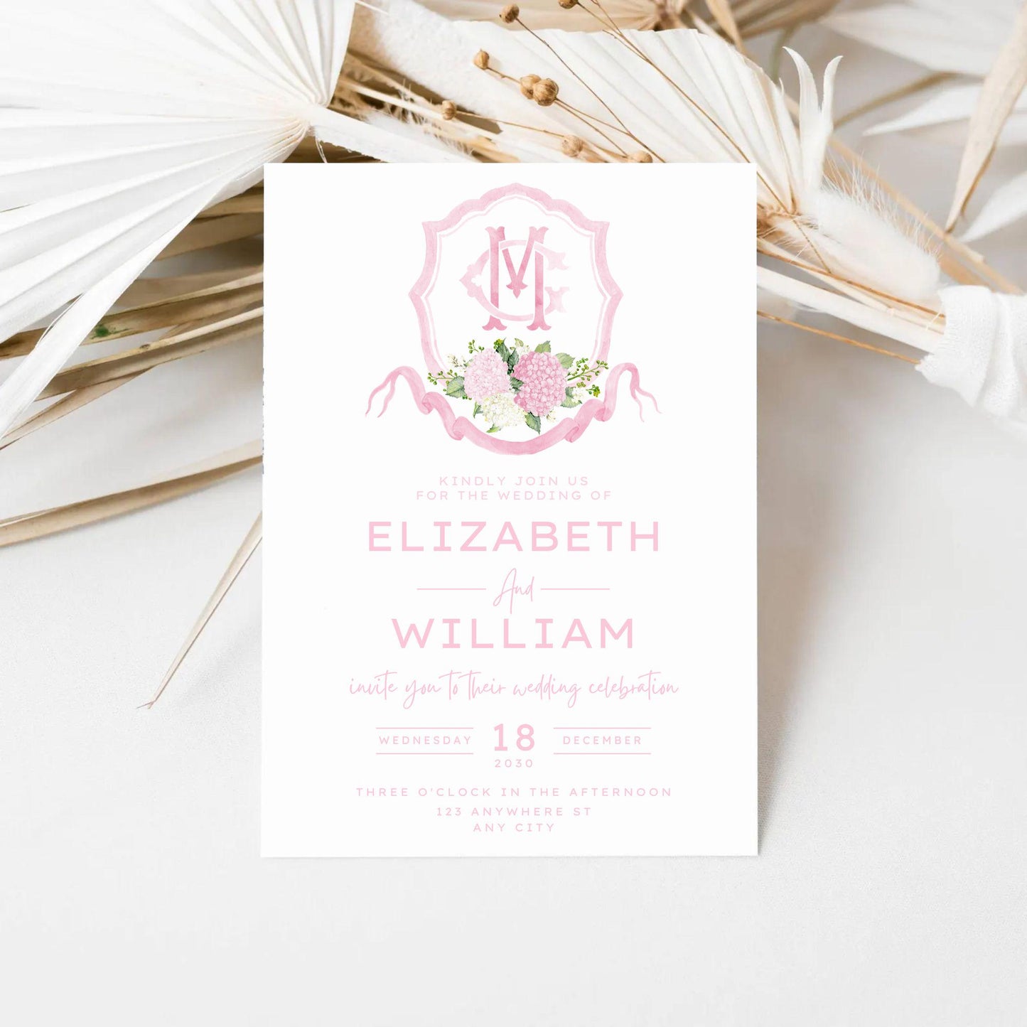 Pink Hydrangea Flower Wedding Crest - Monogram Crest - White Hydrangea Floral Luxury Watercolor Wedding Crest - Romantic Wedding Crest