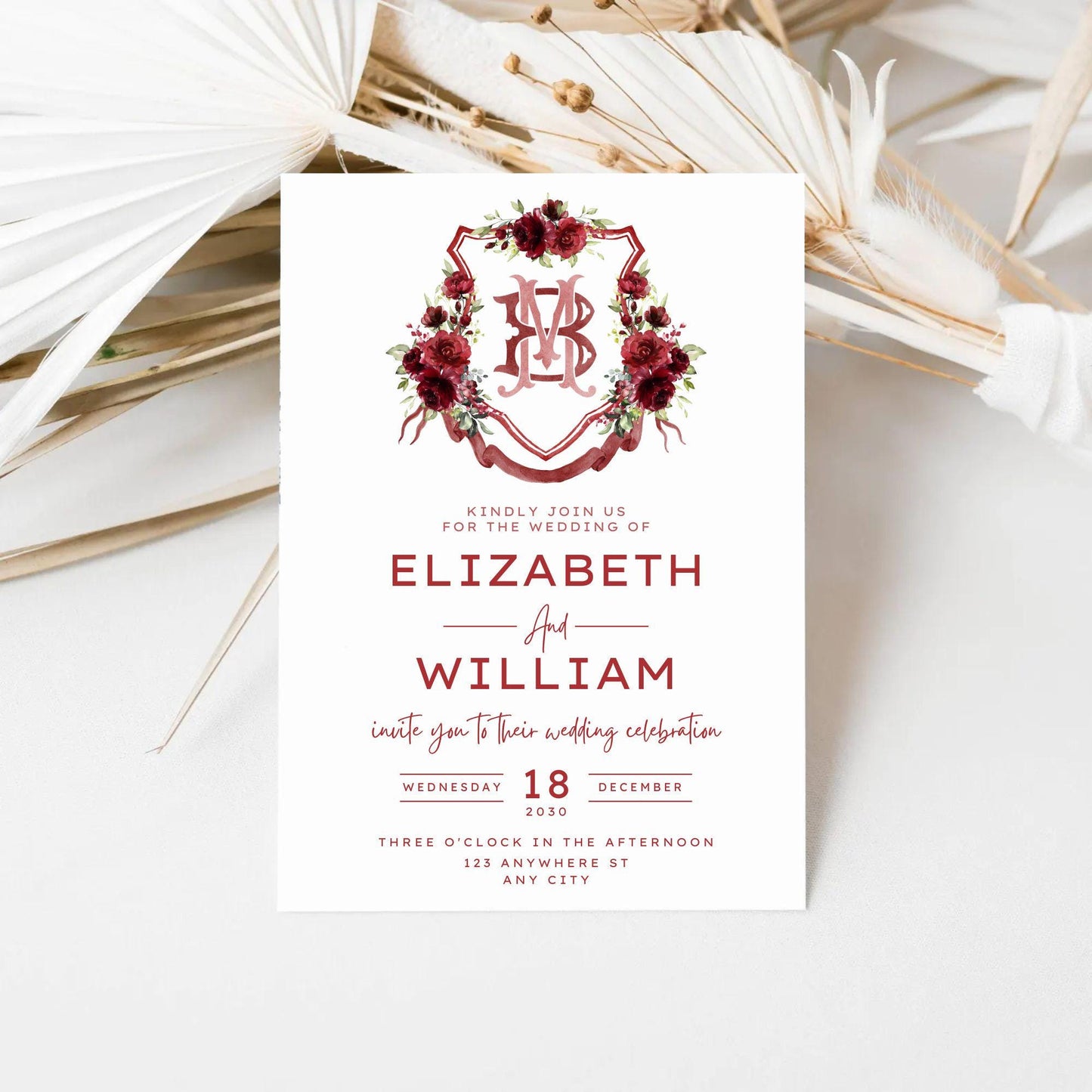 Rustic Blush Greenery Flower Wedding Crest - Monogram Crest - Roses Blush Red Floral Watercolor Wedding Crest - Romantic Wedding Crest