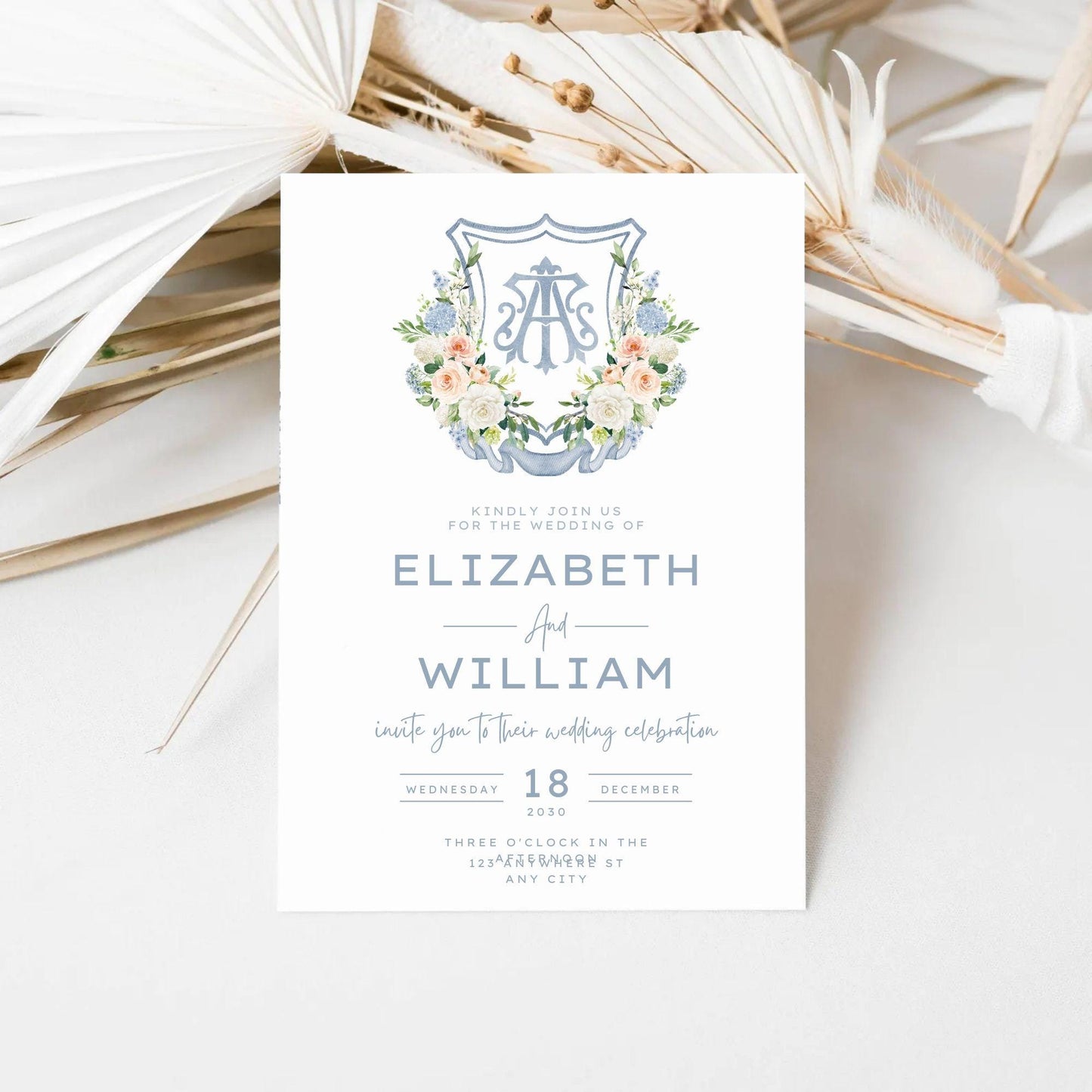 Being Dusty Light blue  Flower Wedding Crest - Monogram Crest - White Floral Watercolor Wedding Crest - Wedding Crest - Boho Hydrangea