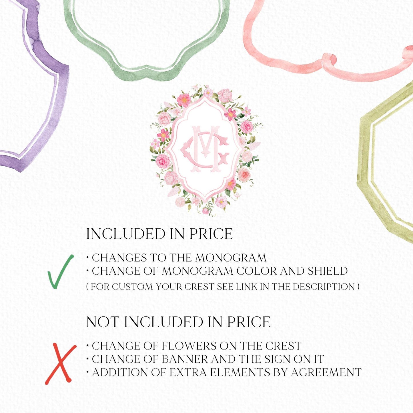 Roses Bouquets Flower Wedding Crest - Monogram Crest - Pink Peony Delicate Summer Floral Watercolor Wedding Crest - Romantic Wedding Crest