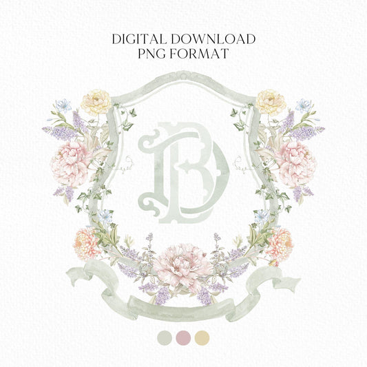 Botanical Garden Flower Wedding Crest - Monogram Crest - Floral Luxury Watercolor Wedding Crest - Romantic Wedding Crest - Vintage Floral
