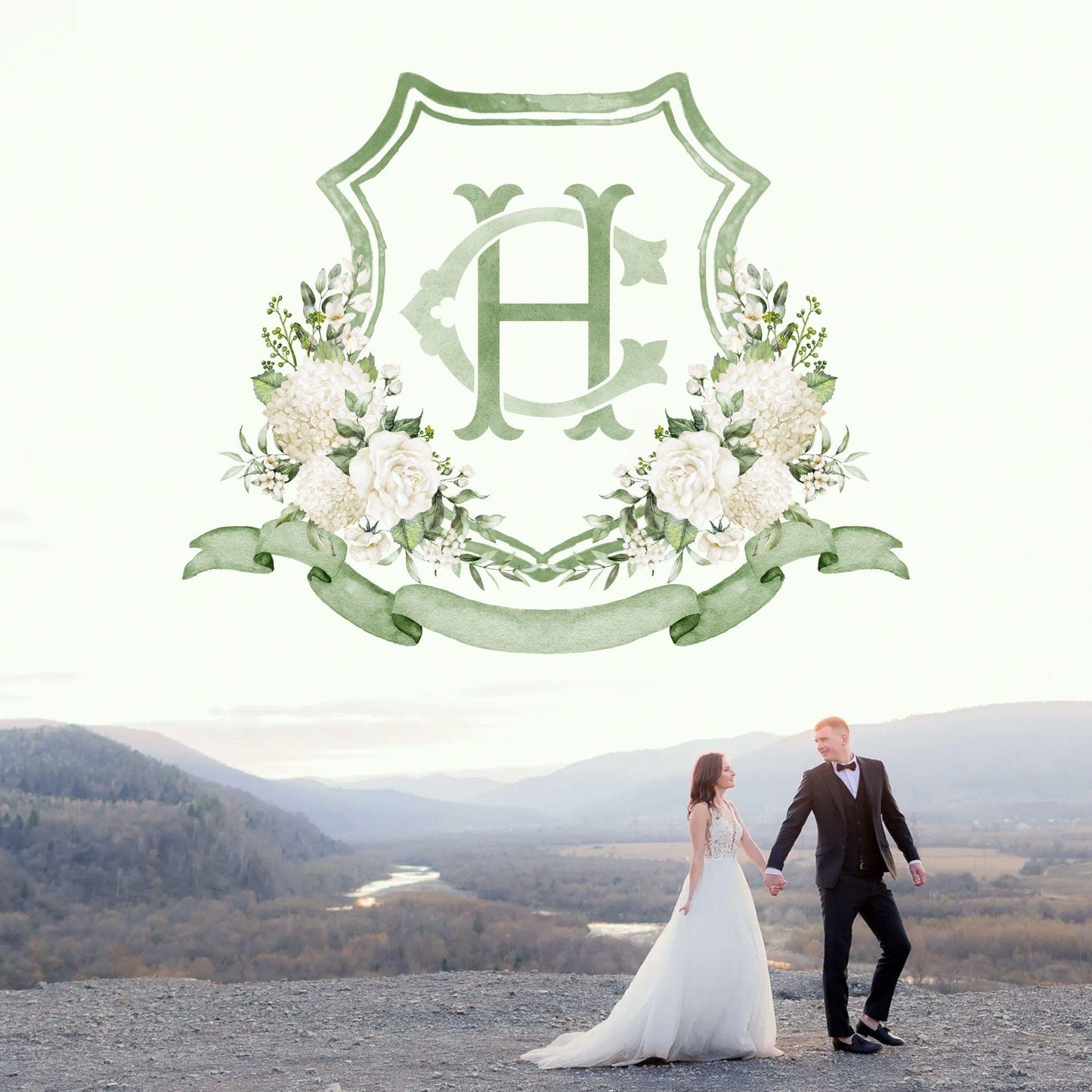 Hydrangea White Rose Greenery Flower Wedding Crest - Monogram Crest - Hydrangea White Floral Watercolor Wedding Crest Romantic Wedding Crest