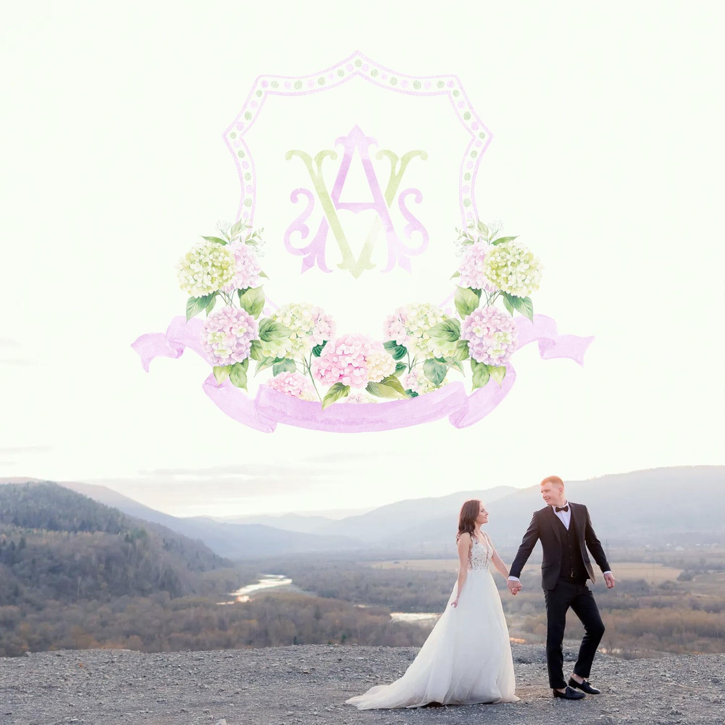 Hydrangea Pink Green Floral Wedding Crest - Monogram Crest - Hydrangea Floral Luxury Watercolor Wedding Crest - Romantic Wedding Crest