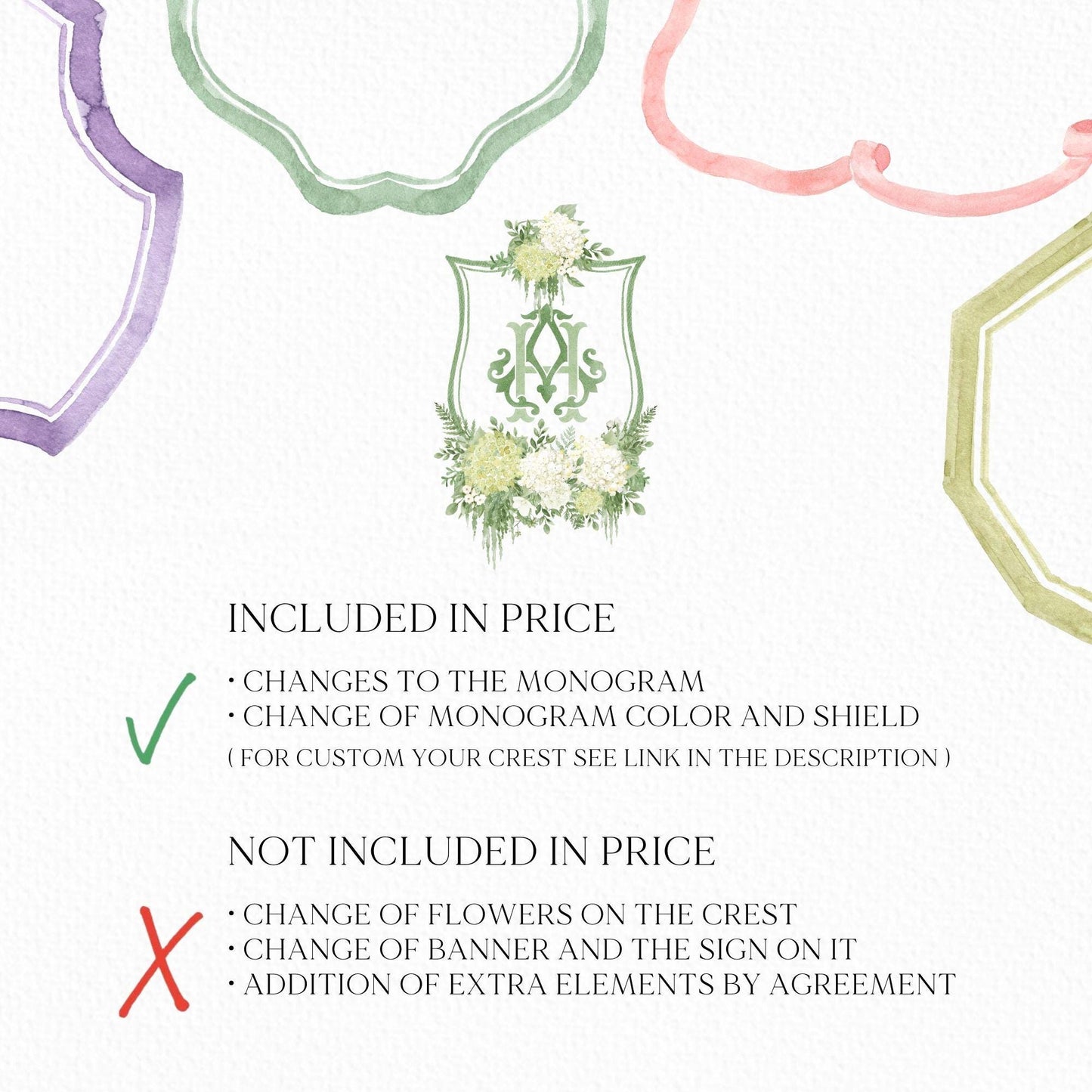 Green Hydrangea Flower Wedding Crest - Monogram Crest - Hydrangea White Floral Luxury Watercolor Wedding Crest - Romantic Wedding Crest