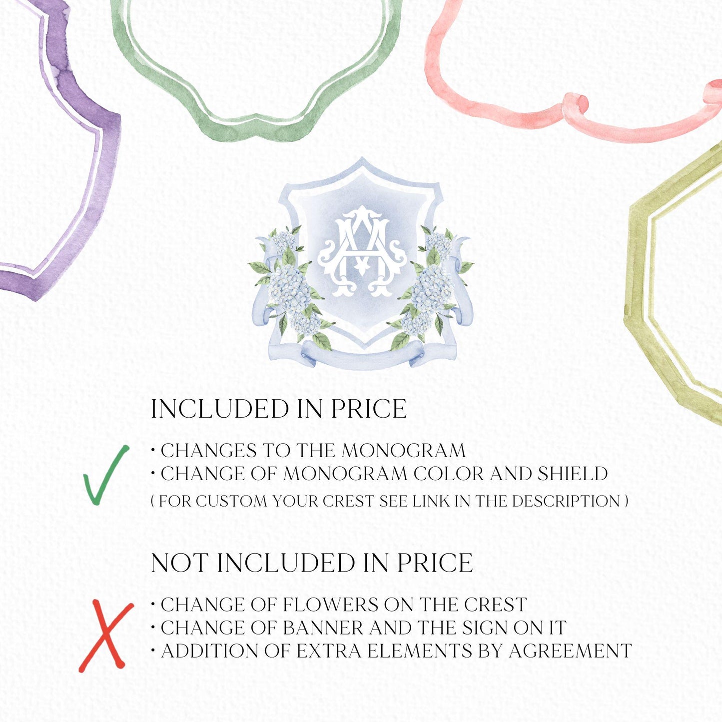 Dusty Blue Hydrangea Flower Wedding Crest - Monogram Crest - Hydrangea Floral Watercolor Wedding Crest - Romantic Wedding Crest - Hydrangea