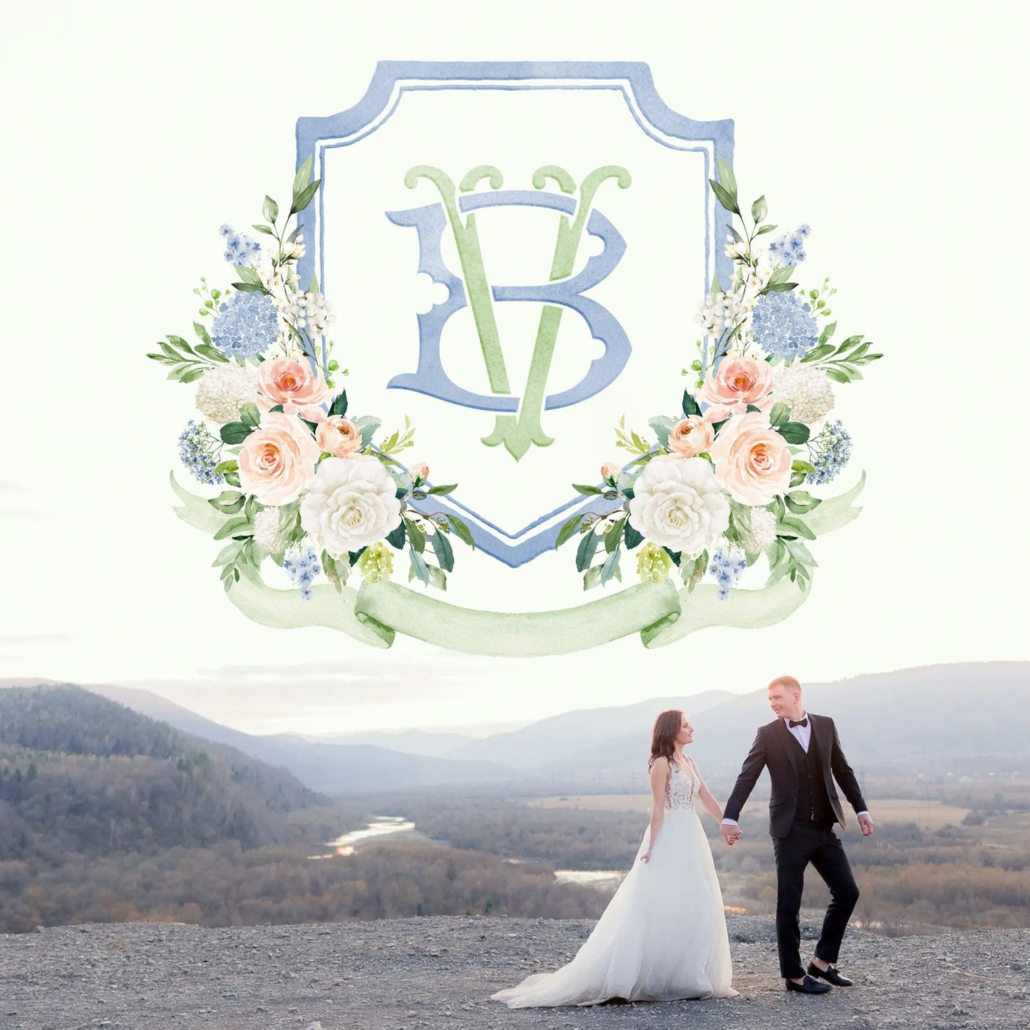 Being Dusty Light blue  Flower Wedding Crest - Monogram Crest - White Floral Watercolor Wedding Crest - Wedding Crest - Boho Hydrangea