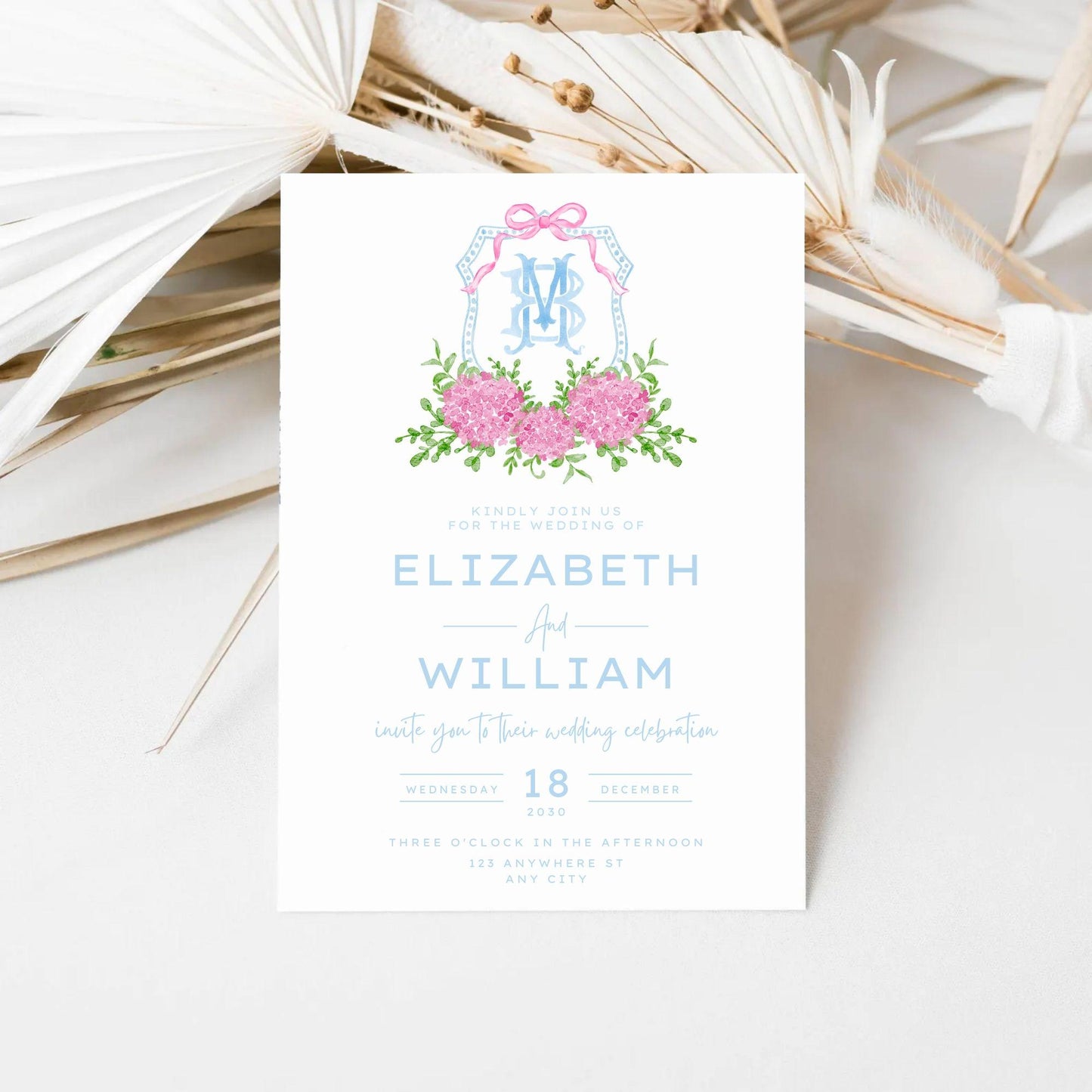 Hydrangea Pink Bow Crest Flower Wedding Crest - Monogram Crest - Hydrangea Pink Luxury Watercolor Wedding Crest - Romantic Wedding Crest
