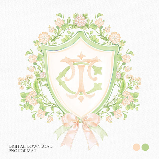 Watercolor Peach Roses Flower Wedding Crest - Monogram Crest, Botanical Floral Watercolor Wedding Crest - Vintage Green Floral Wedding Crest
