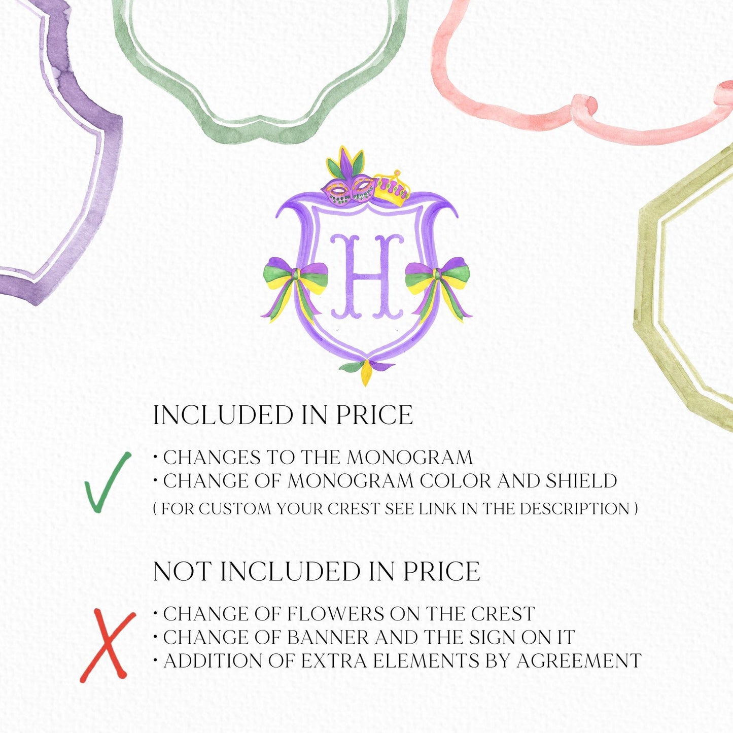 Mardi Gras New Orleans Crest Watercolor Wedding Crest - Monogram Crest - Mardi Gras Watercolor Wedding Crest Romantic Wedding Crest