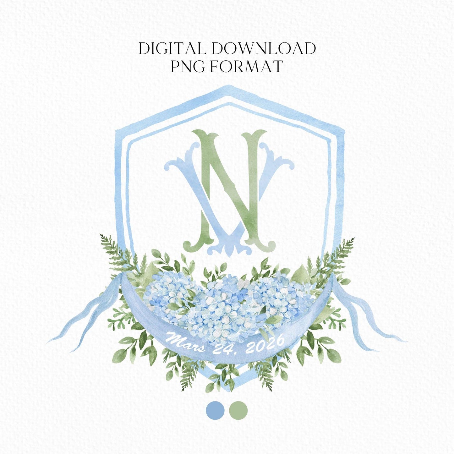 Hydrangea Flower Wedding Crest - Monogram Crest - Hydrangea Floral Blue Watercolor Wedding Crest - Romantic Wedding Crest - Boho Hydrangea