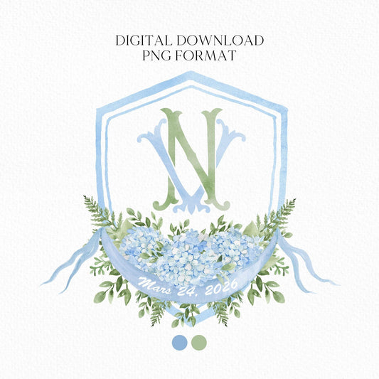 Hydrangea Flower Wedding Crest - Monogram Crest - Hydrangea Floral Blue Watercolor Wedding Crest - Romantic Wedding Crest - Boho Hydrangea