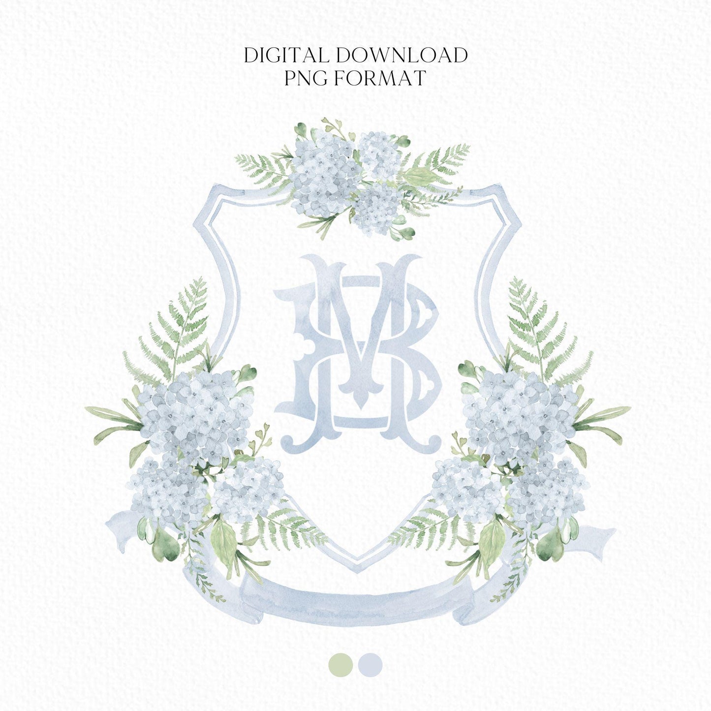 Blue Dusty Hydrangea Flower Wedding Crest - Monogram Crest - Hydrangea Floral Luxury Watercolor Wedding Crest - Romantic Wedding Crest