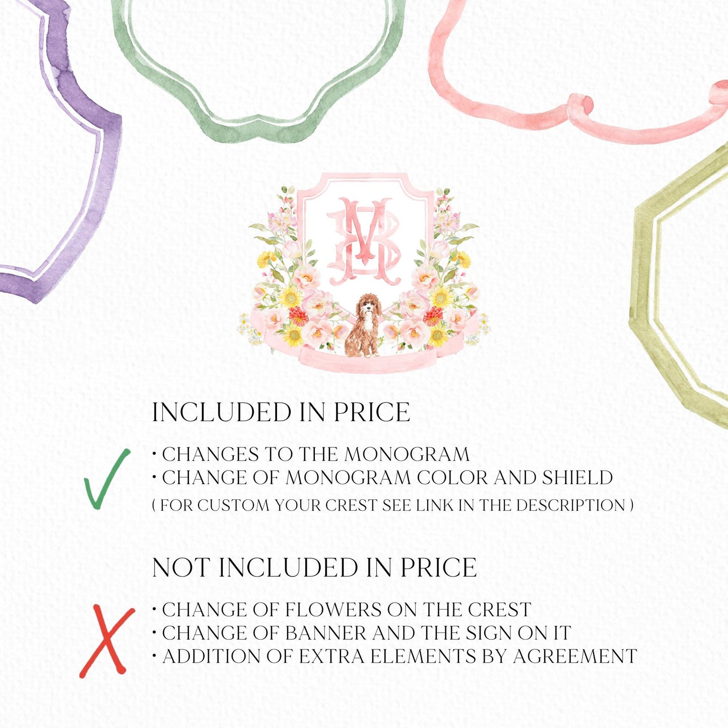 Coquette Flowers Blush Bright Colorful Watercolor Wedding Crest - Monogram Crest - Pastel Roses Floral Sunflower Watercolor Wedding Crest -