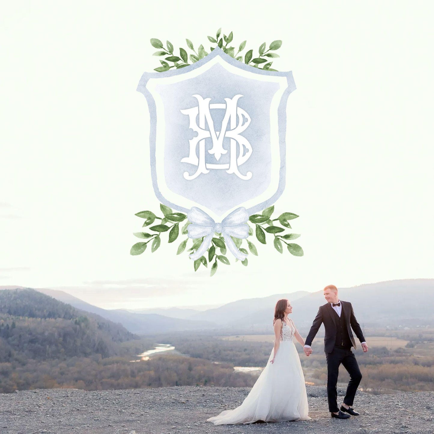 Watercolor Classic Eucalyptus Ribbon Flower Wedding Crest - Monogram Crest -  Luxury Watercolor Wedding Crest - Romantic Wedding Crest