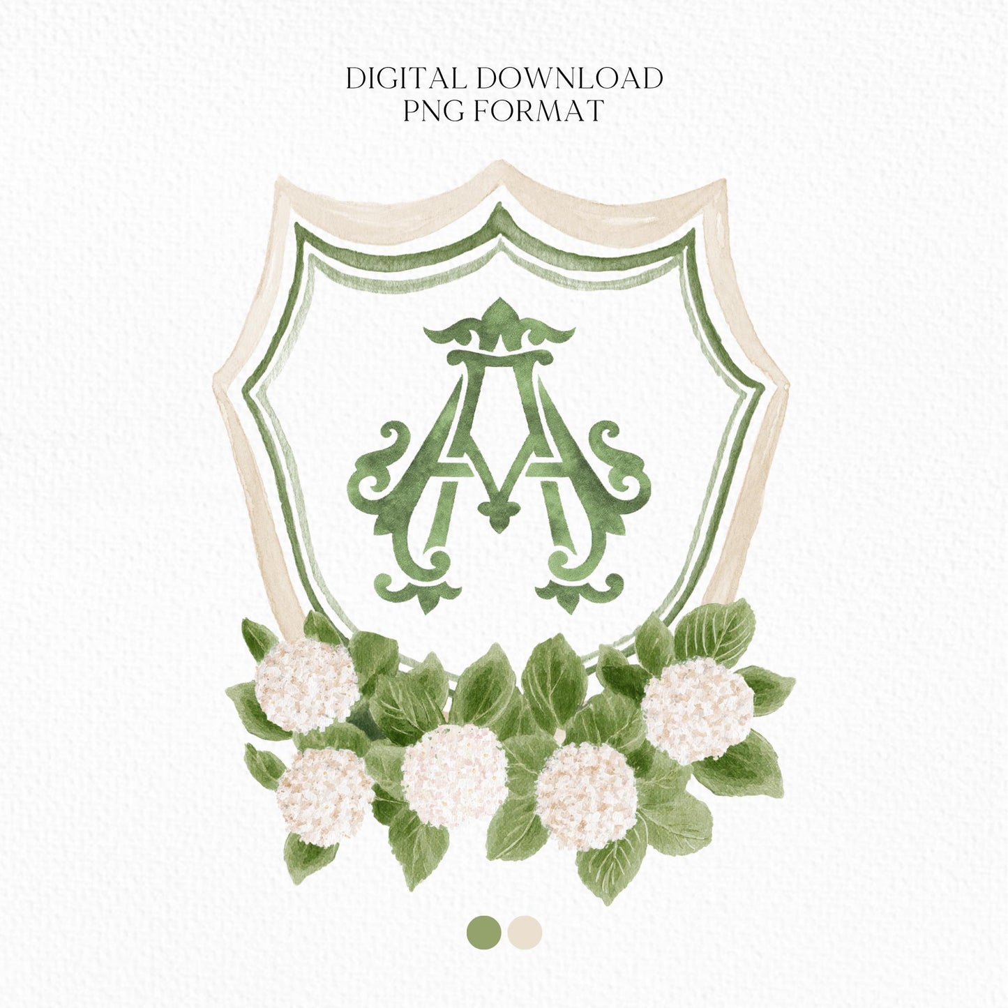 Hydrangea White Flower Wedding Crest - Monogram Crest - White Hydrangea Floral Luxury Watercolor Wedding Crest - Romantic Wedding Crest