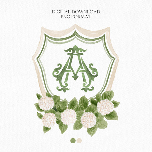 Hydrangea White Flower Wedding Crest - Monogram Crest - White Hydrangea Floral Luxury Watercolor Wedding Crest - Romantic Wedding Crest