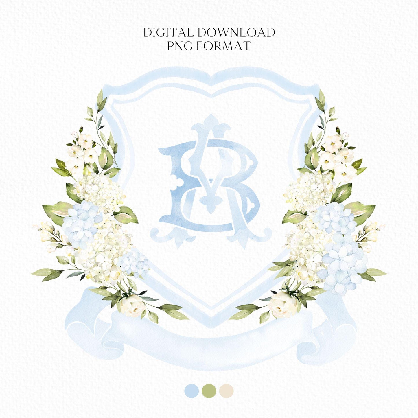 White Blue Hydrangea Flower Wedding Crest - Monogram Crest - Hydrangea Floral Watercolor Wedding Crest - Romantic Wedding Crest - Hydrangea