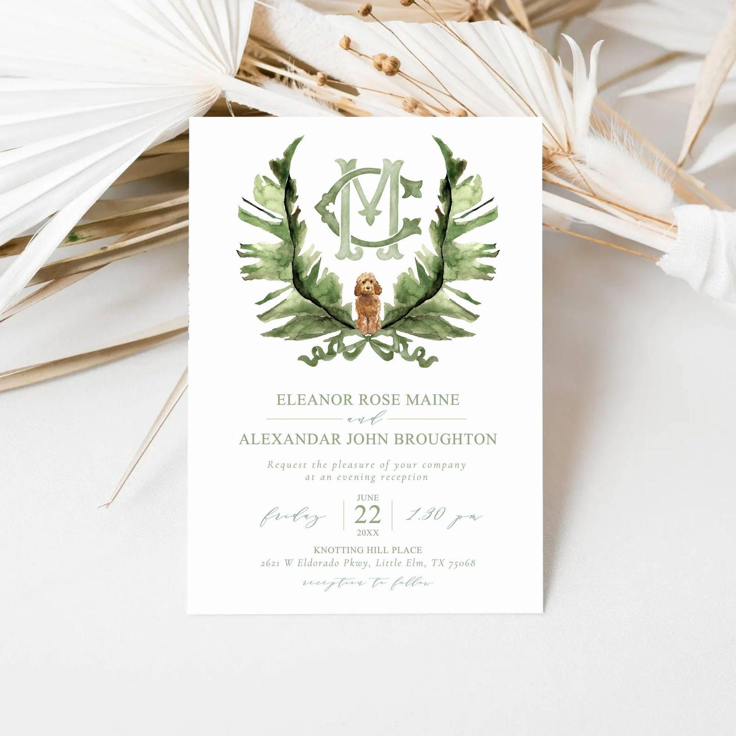 Palm Leaf Greenery Garden Watercolor Wedding Crest - Monogram Crest - Palm leaves Greenery Watercolor Wedding Crest - Romantic Wedding Crest