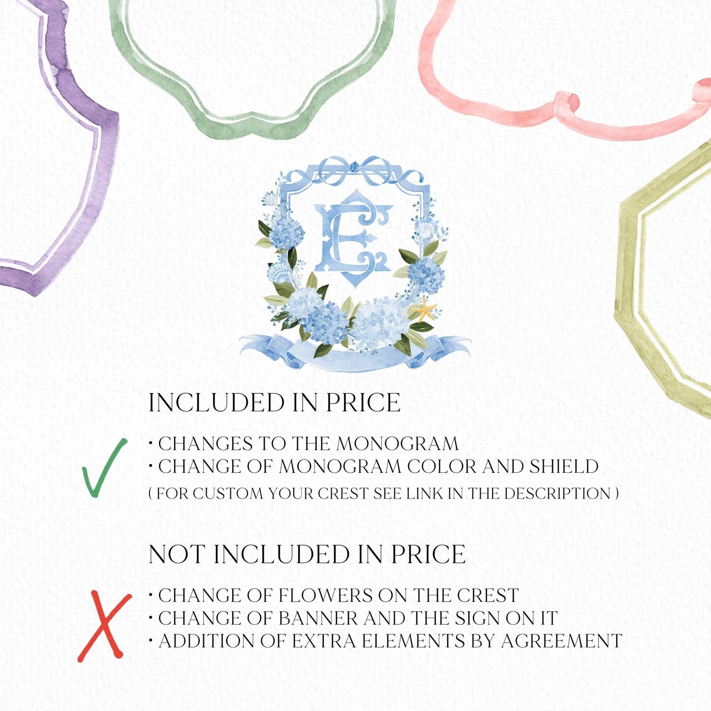 Watercolor Blue Hydrangea Flower Wedding Crest - Monogram Crest - Hydrangea Floral Luxury Watercolor Wedding Crest - Romantic Wedding Crest