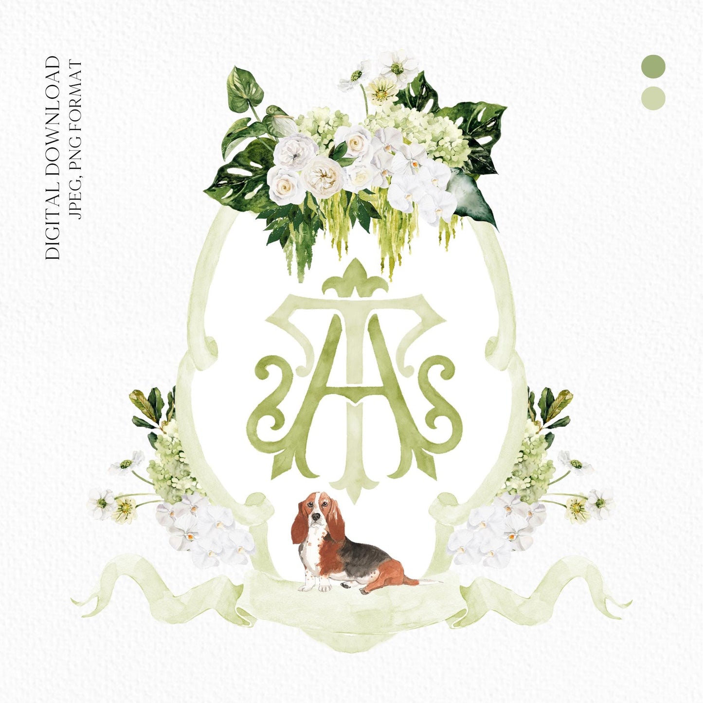 Hydrangea Macrophylla Green Flower Wedding Crest, Monogram Crest, Lush bright Greenery Floral Watercolor Wedding Crest, Hydrangea Crest