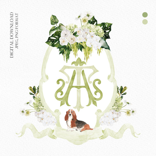 Hydrangea Macrophylla Green Flower Wedding Crest, Monogram Crest, Lush bright Greenery Floral Watercolor Wedding Crest, Hydrangea Crest