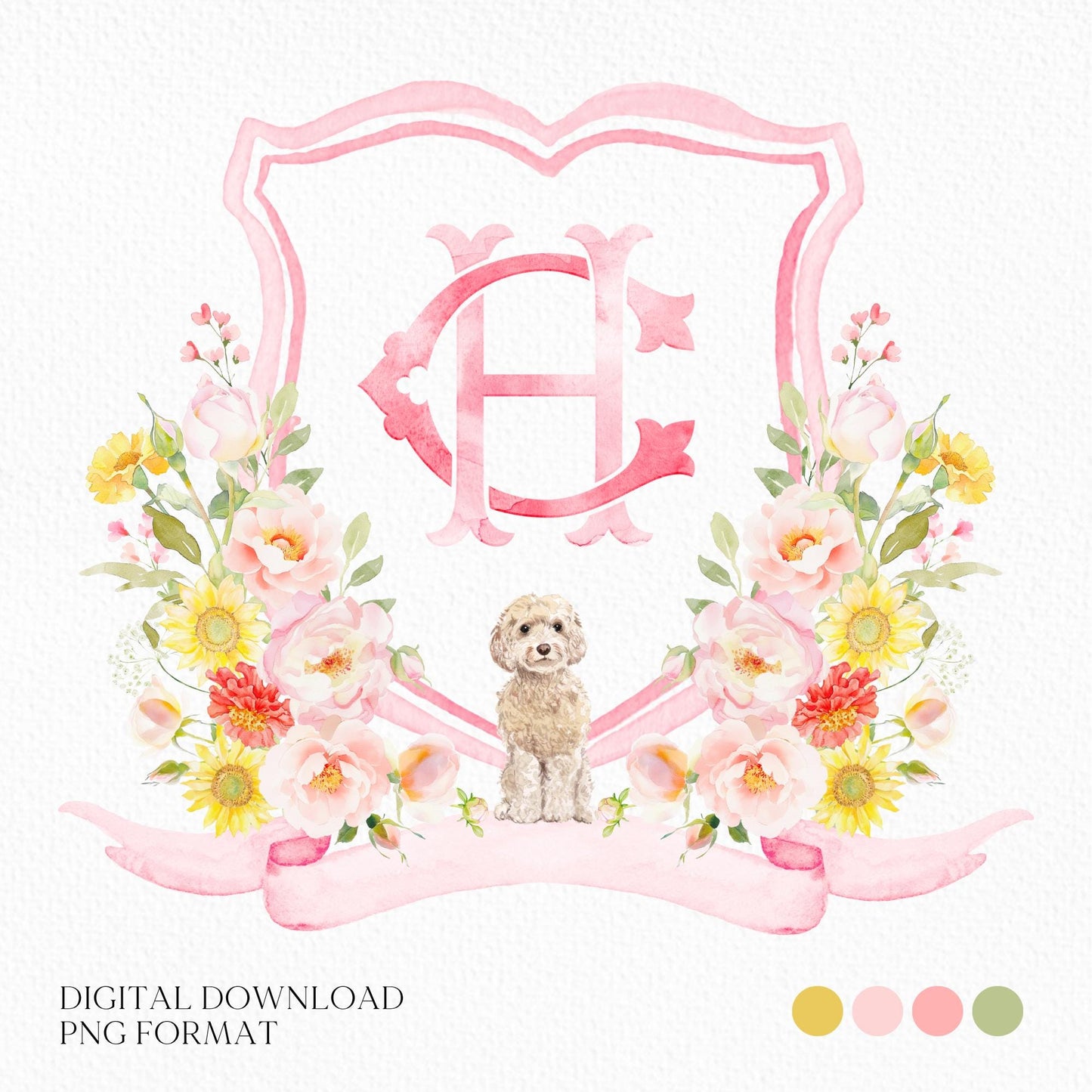 Coquette Flowers Blush Bright Colorful Watercolor Wedding Crest - Monogram Crest - Pastel Roses Floral Sunflower Watercolor Wedding Crest -
