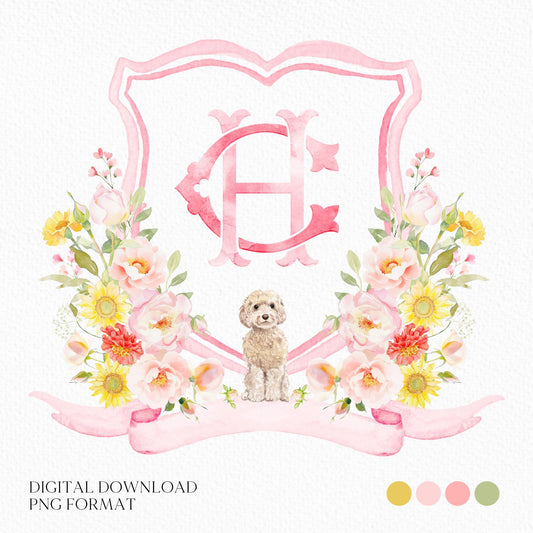 Coquette Flowers Blush Bright Colorful Watercolor Wedding Crest - Monogram Crest - Pastel Roses Floral Sunflower Watercolor Wedding Crest -