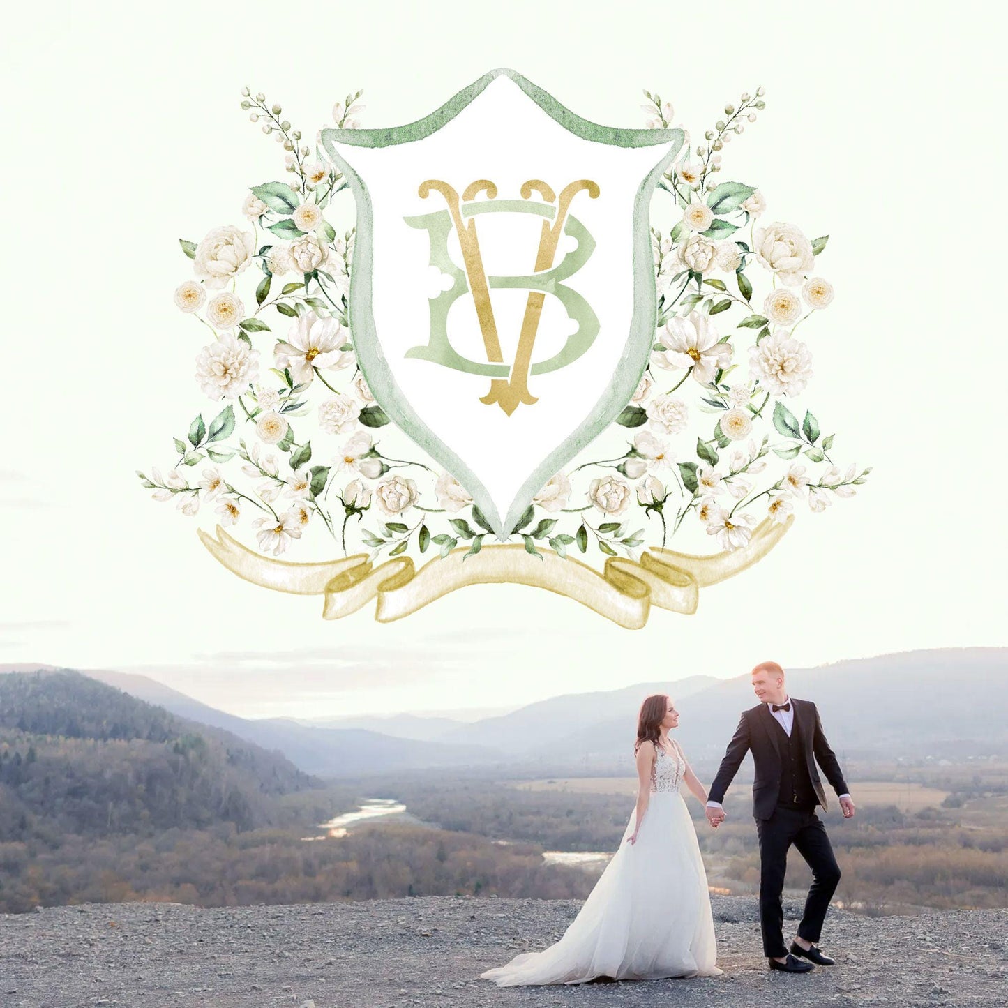 White Rose Greenery White Flower Wedding Crest - Monogram Crest - White Floral Watercolor Wedding Crest - Romantic Wedding Crest