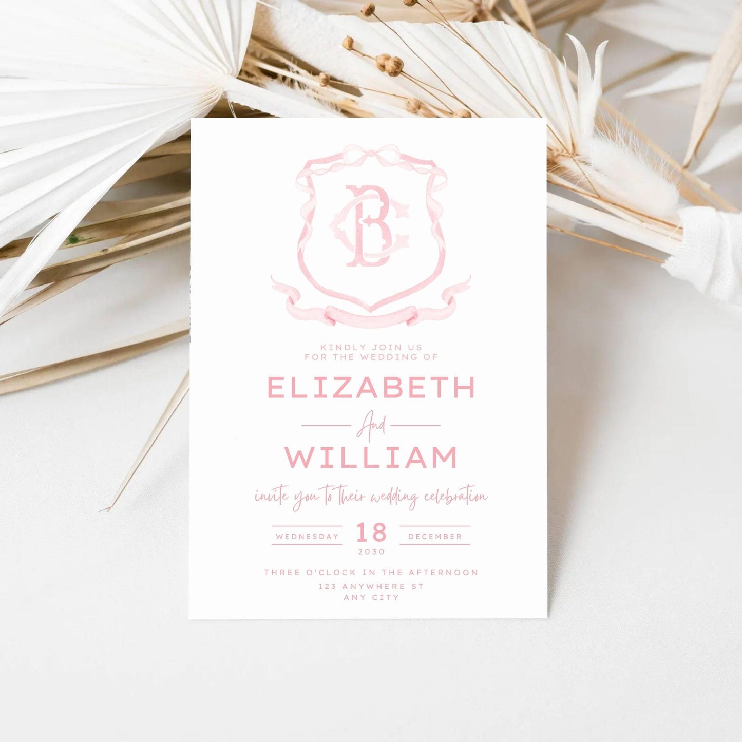 Pink Coquette Ribbon Bow Crest Wedding Crest - Monogram Crest - Pink Ribbon Bow Watercolor Wedding Crest Romantic Wedding Crest