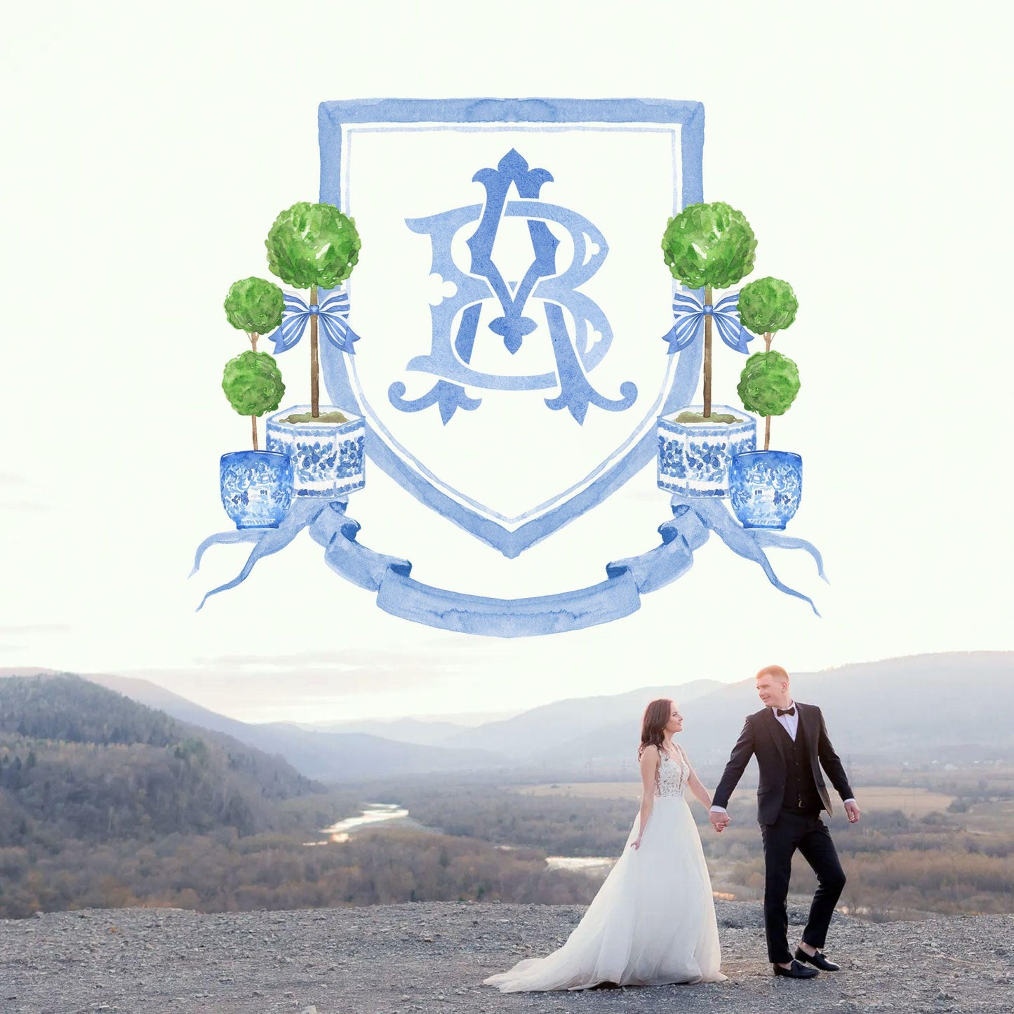 Chinoiserie Blue Topiary Wedding Crest - Monogram Crest - Chinoiserie Blue Watercolor Wedding Crest Romantic Wedding Crest