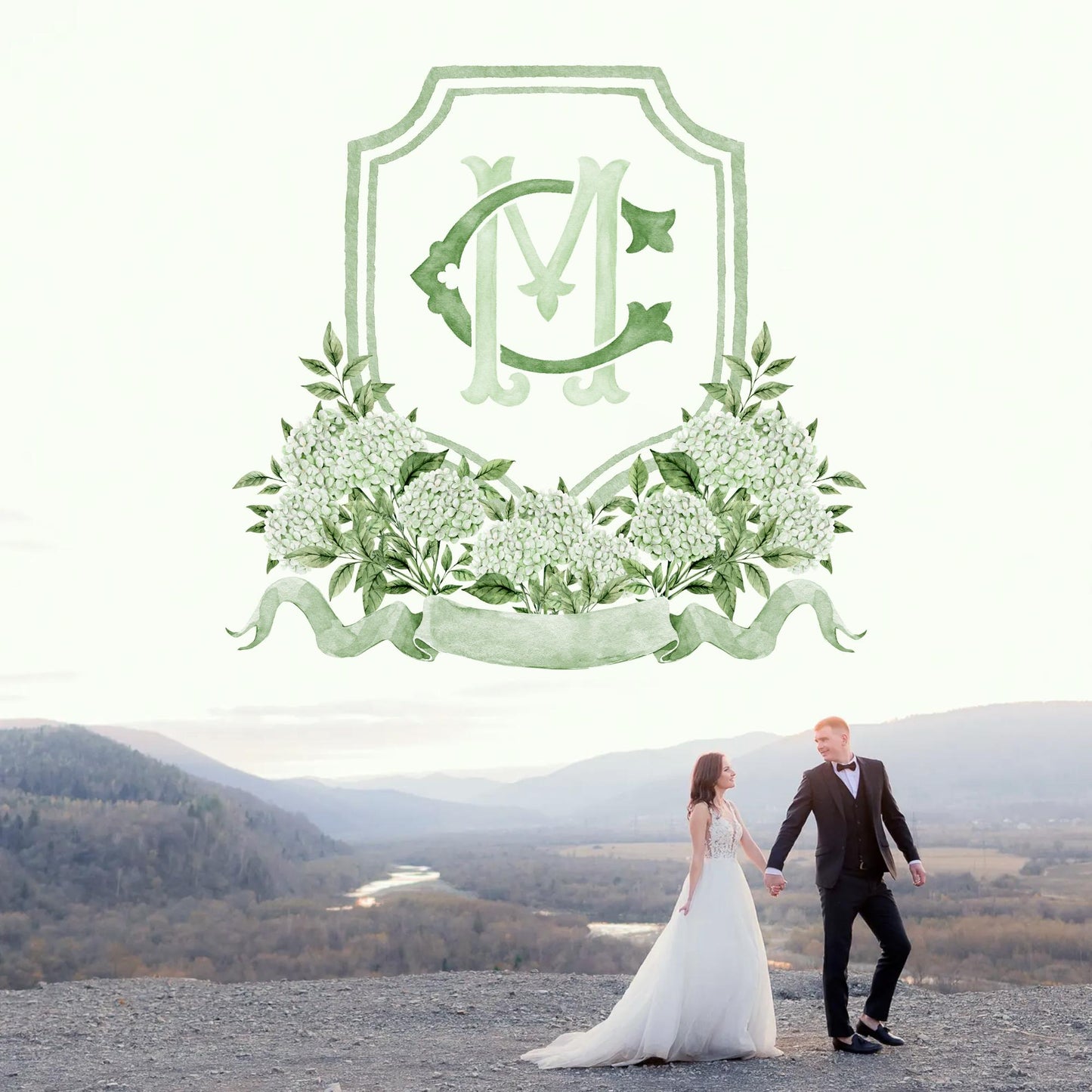 Green Hydrangea Flower Wedding Crest - Monogram Crest - Hydrangea White Floral Luxury Watercolor Wedding Crest - Romantic Wedding Crest