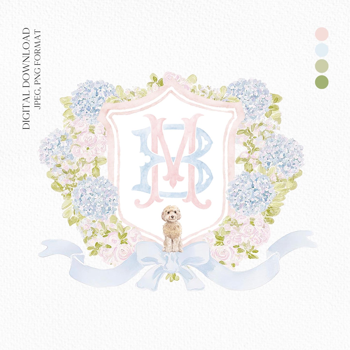 Hydrangea Pink Green Floral Wedding Crest - Monogram Crest - Green Baby's Breath Hydrangea Floral Luxury Watercolor Wedding Crest