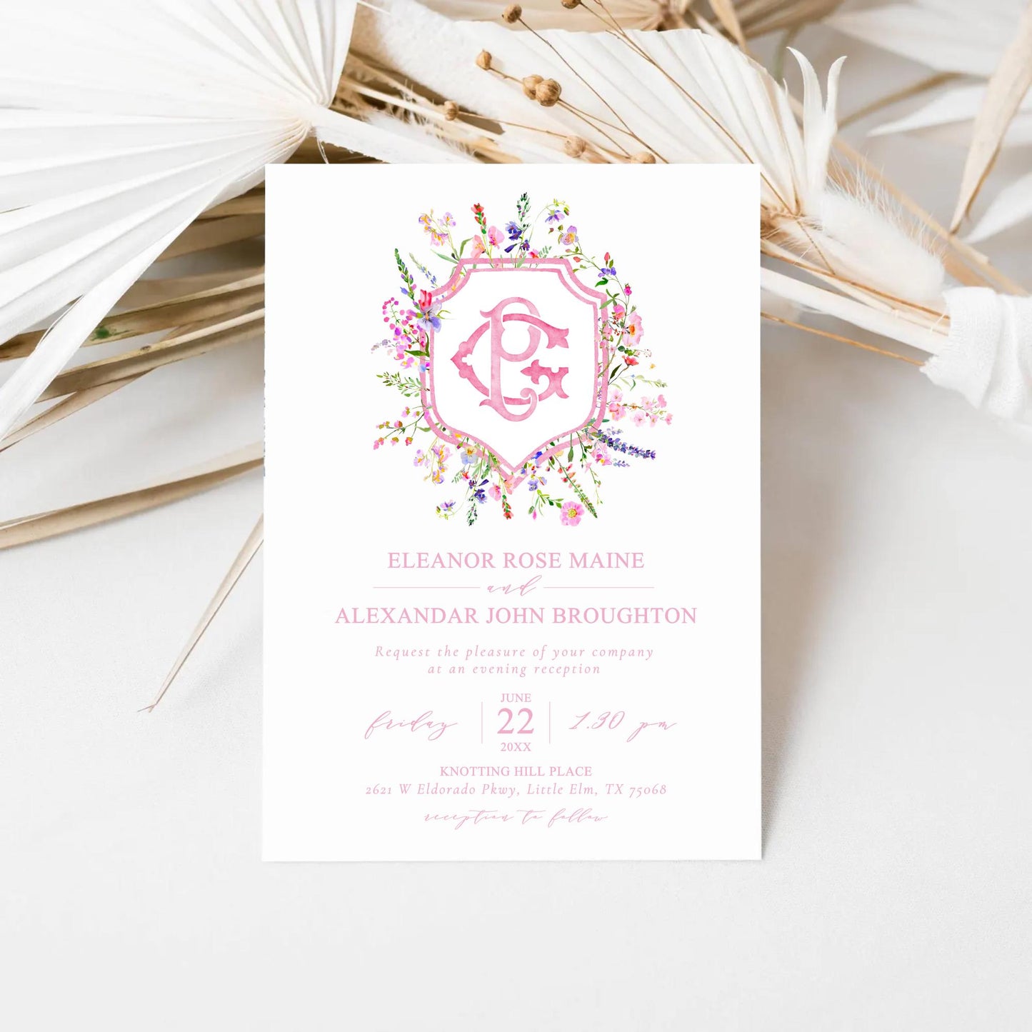 Pink Wildflower Garden Flower Wedding Crest - Monogram Crest - Colorful Spring Floral Watercolor Wedding Crest - Romantic Wedding Crest