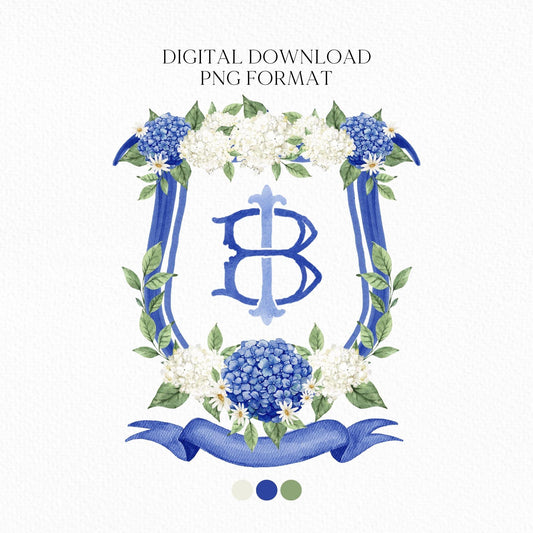 Hydrangea Flower Wedding Crest - Monogram Crest - Hydrangea Floral Luxury Watercolor Wedding Crest - Romantic Wedding Crest- Boho Hydrangea
