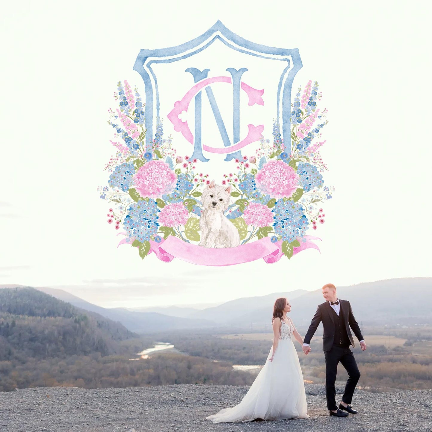 Hydrangea Blue Pink Wedding Family Crest - Light Pink Blue Hydrangea Flower Wedding Crest - Monogram Crest