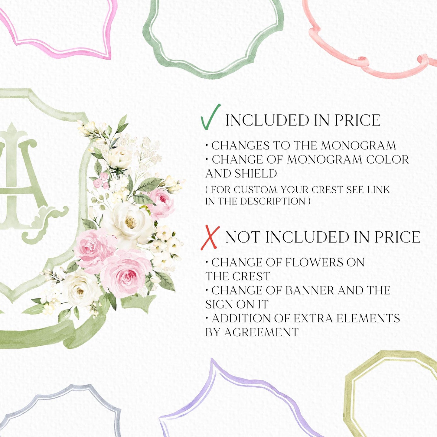 White Roses Blush Pink Rose Flower Wedding Crest - Monogram Crest - Roses Floral Luxury Watercolor Wedding Crest