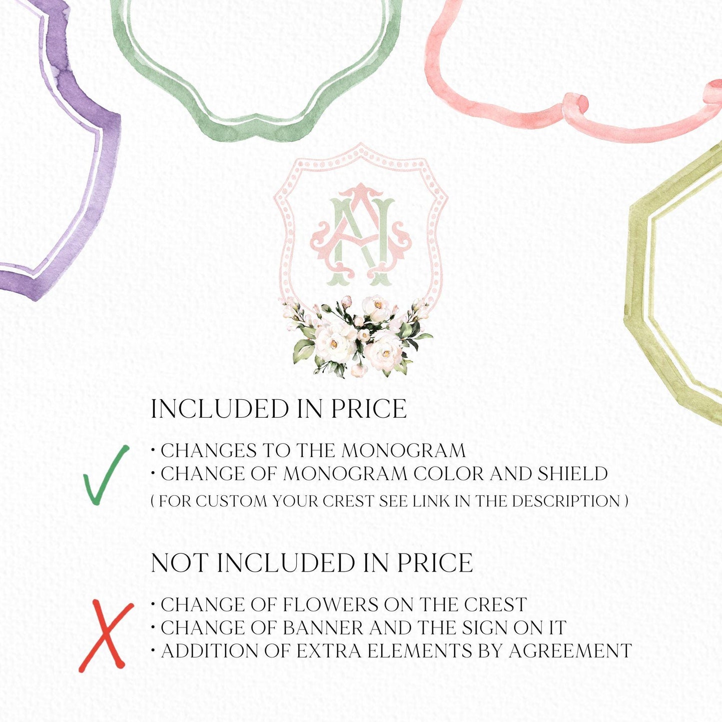 Blush Pink Floral Rustic Greenery Flower Wedding Crest - Monogram Crest - Floral Watercolor Wedding Crest - Romantic Wedding Crest