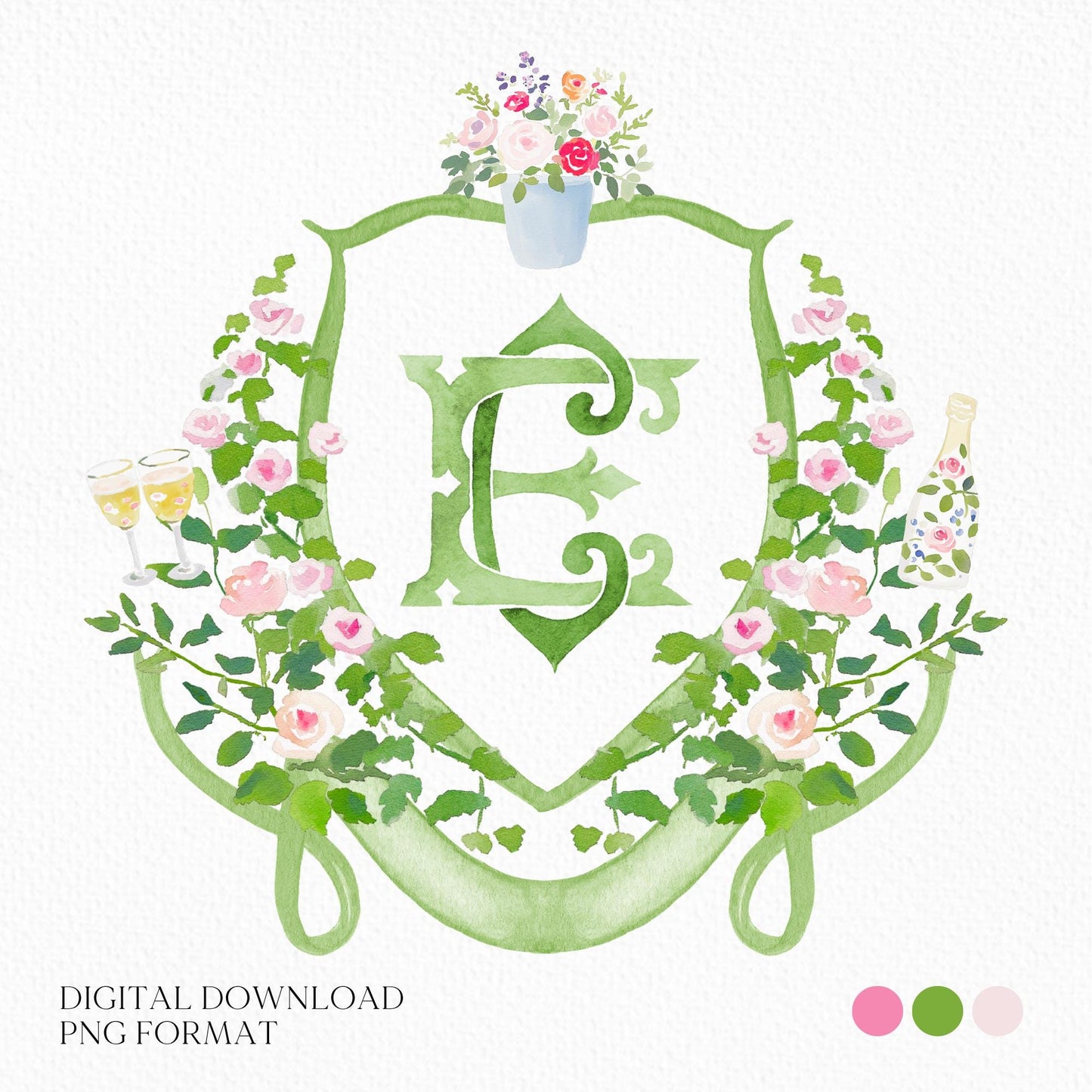 Pastel Roses Pink Greenery Flower Wedding Crest - Monogram Crest - Pink Blush Floral Watercolor Wedding Crest - Romantic Wedding Crest
