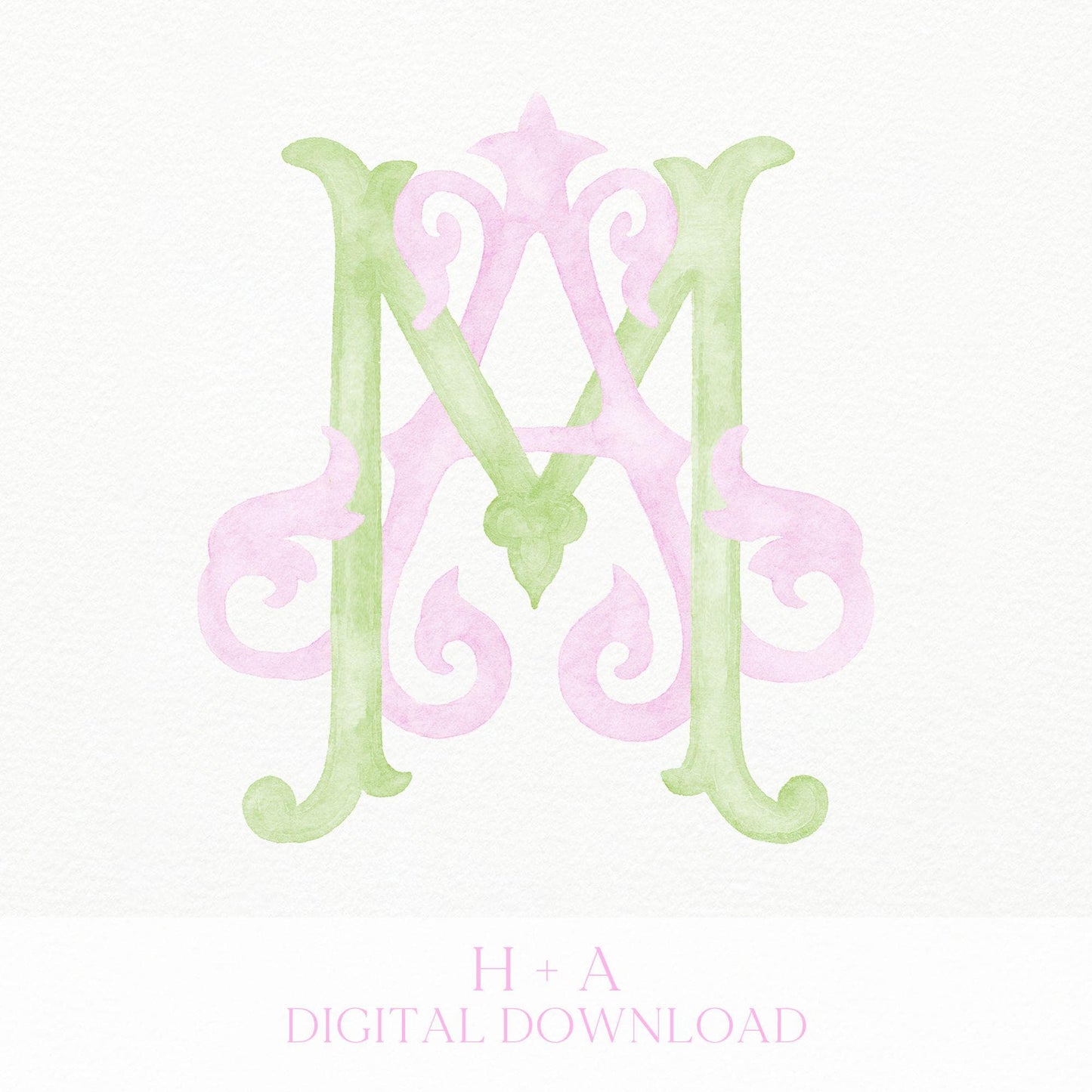 Watercolor Wedding Monogram AM – Classic Letter Crest (Digital Download)