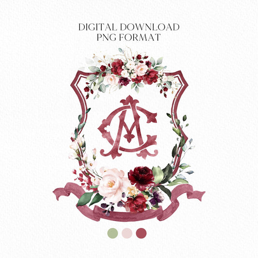 Geometric Burgundy blush Pink Floral Wedding Crest - Monogram Crest - Burgundy Floral Watercolor Wedding Crest - Romantic Wedding Crest