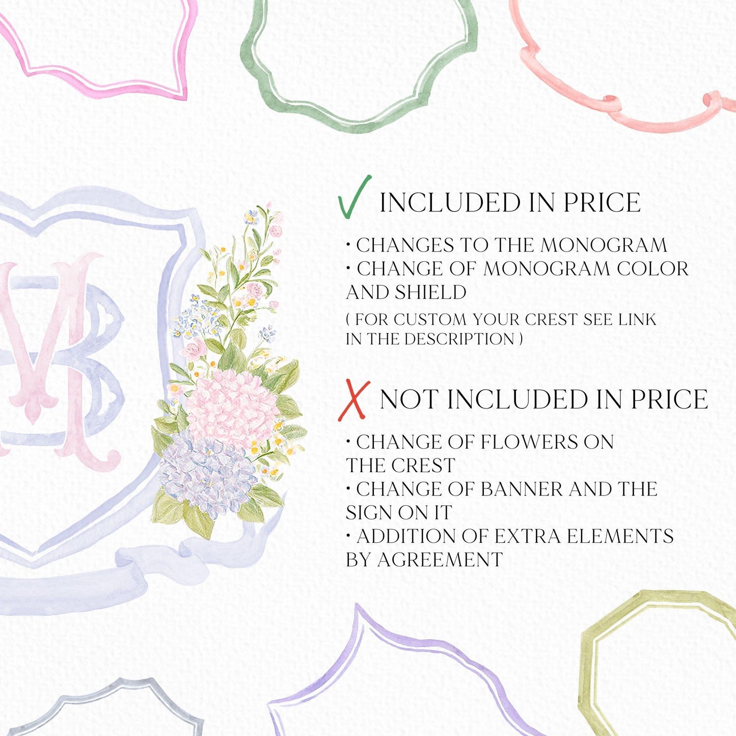 Blue Pink Hydrangea Flower Wedding Crest - Monogram Crest - Pastel Color Hydrangea Floral Luxury Watercolor Wedding Crest