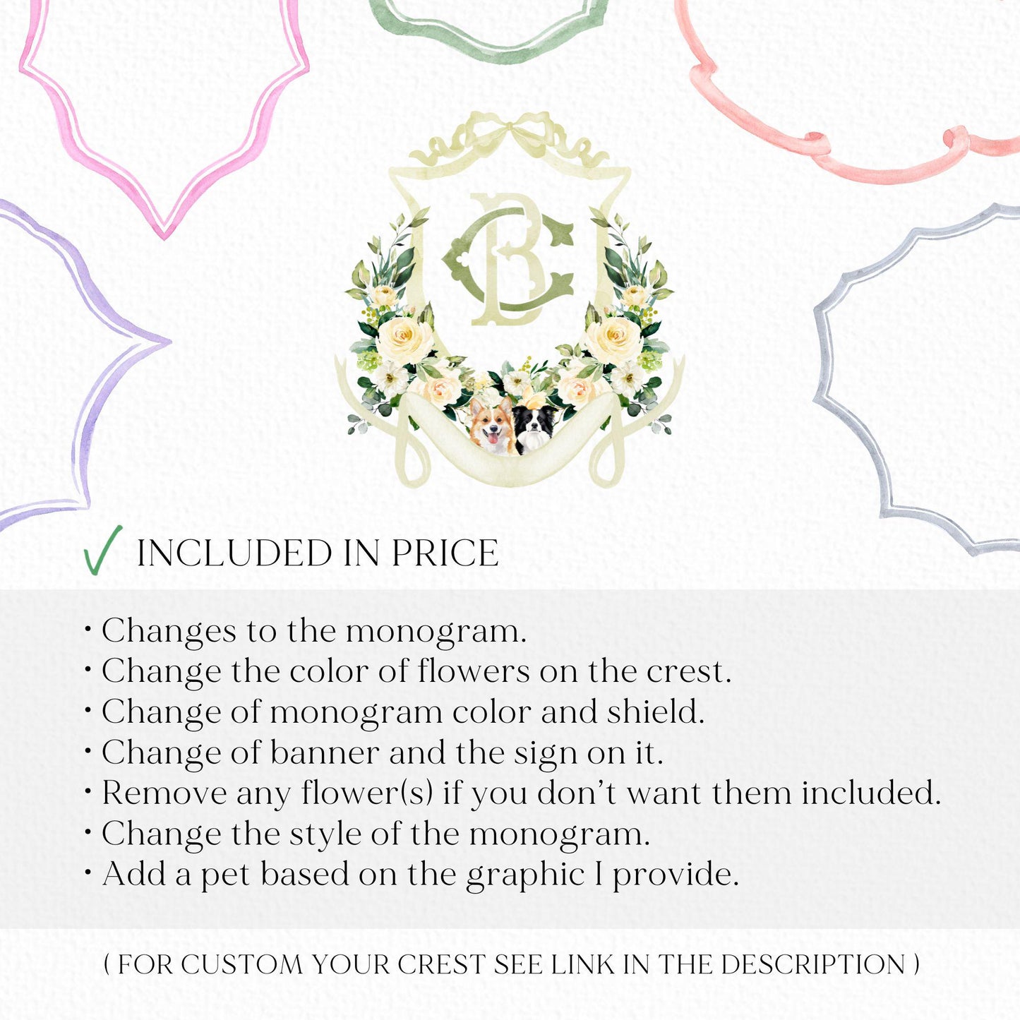 Lemon Green White Yellow Floral Flower Wedding Crest - Monogram Crest - Floral Luxury Watercolor Wedding Crest - Romantic Wedding Crest