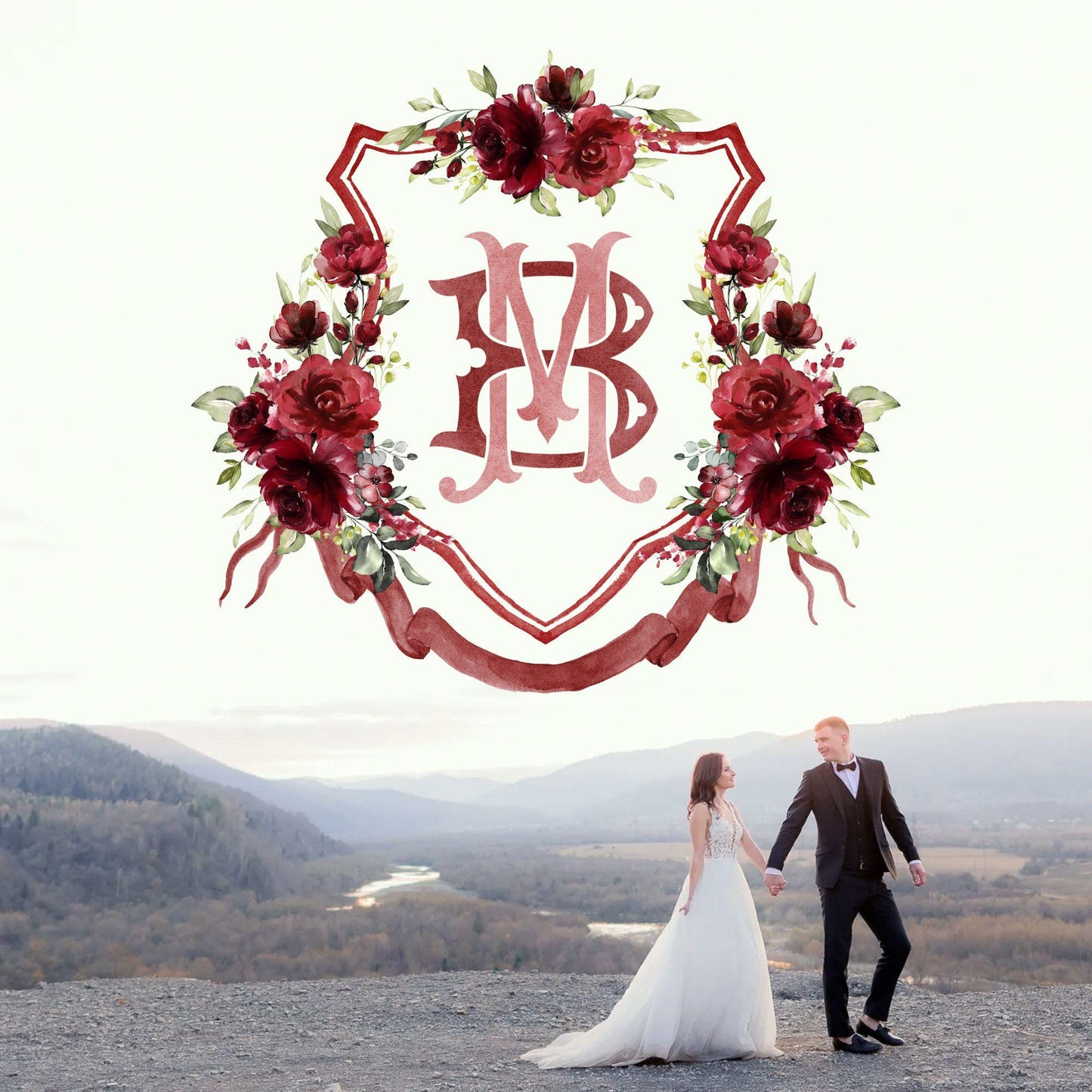 Rustic Blush Greenery Flower Wedding Crest - Monogram Crest - Roses Blush Red Floral Watercolor Wedding Crest - Romantic Wedding Crest
