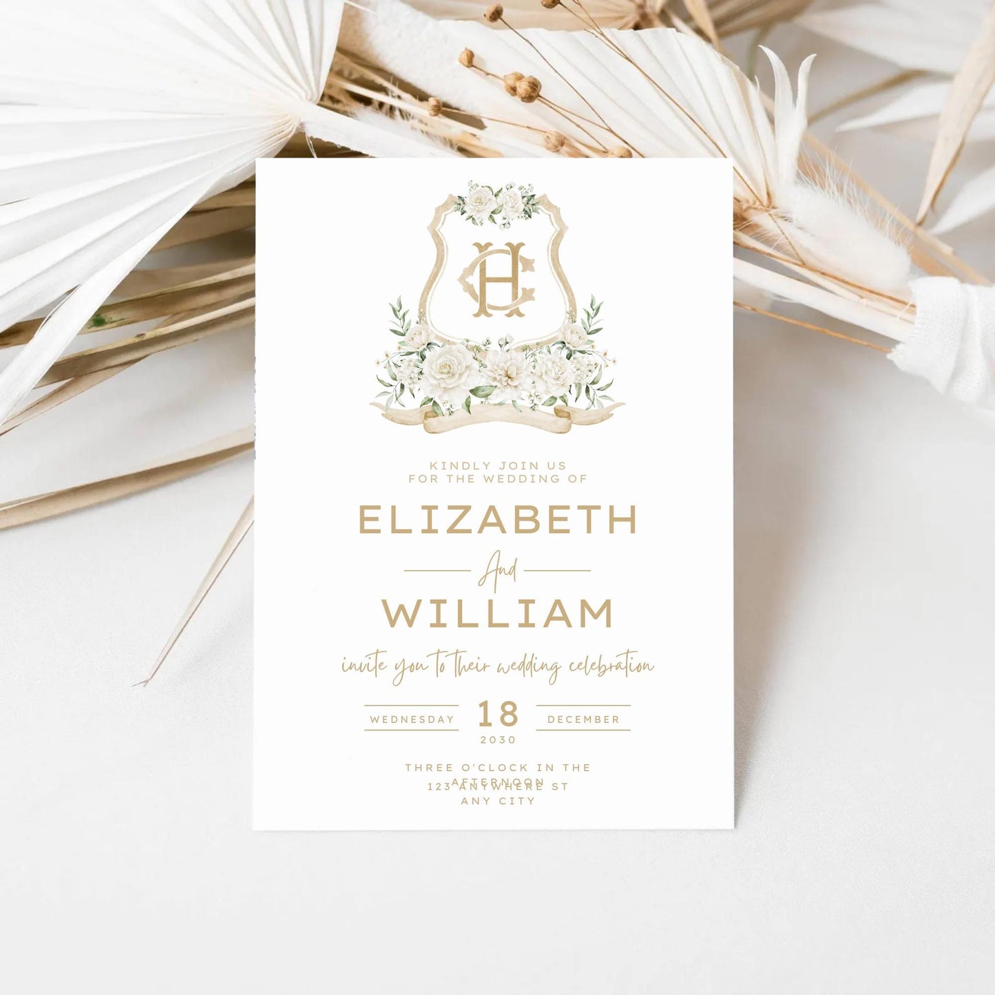 White Rose Greenery Hydrangea Flower Wedding Crest - Monogram Crest - Hydrangea White Floral Watercolor Wedding Crest Romantic Wedding Crest