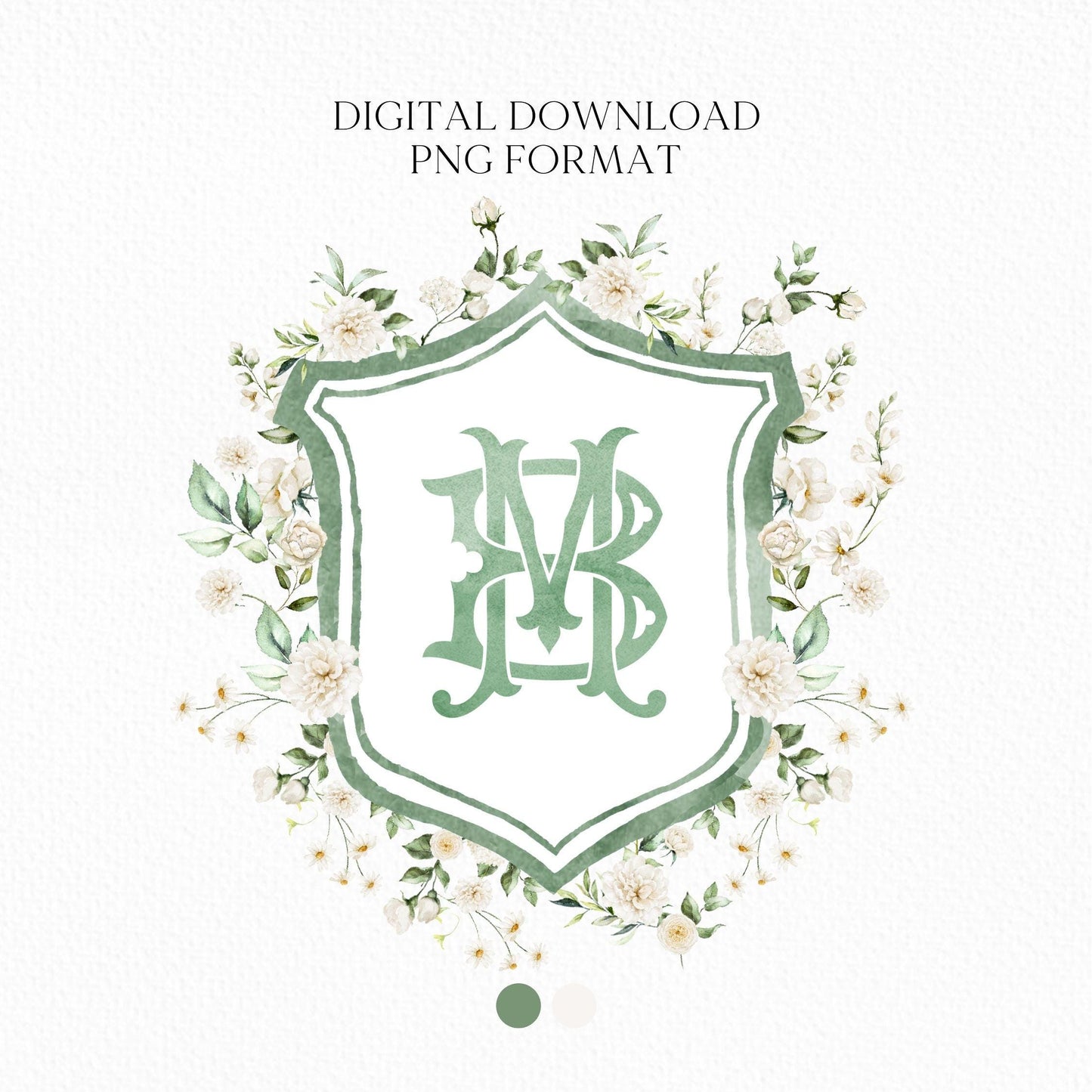 White Rose Greenery White Flower Wedding Crest - Monogram Crest - White Floral Watercolor Wedding Crest - Romantic Wedding Crest