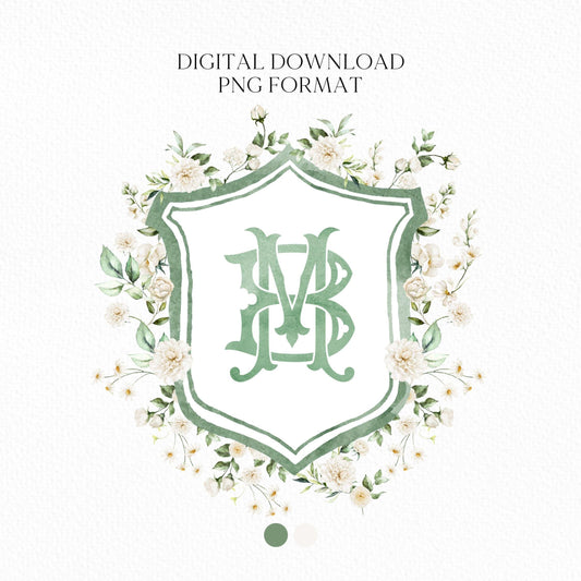 White Rose Greenery White Flower Wedding Crest - Monogram Crest - White Floral Watercolor Wedding Crest - Romantic Wedding Crest
