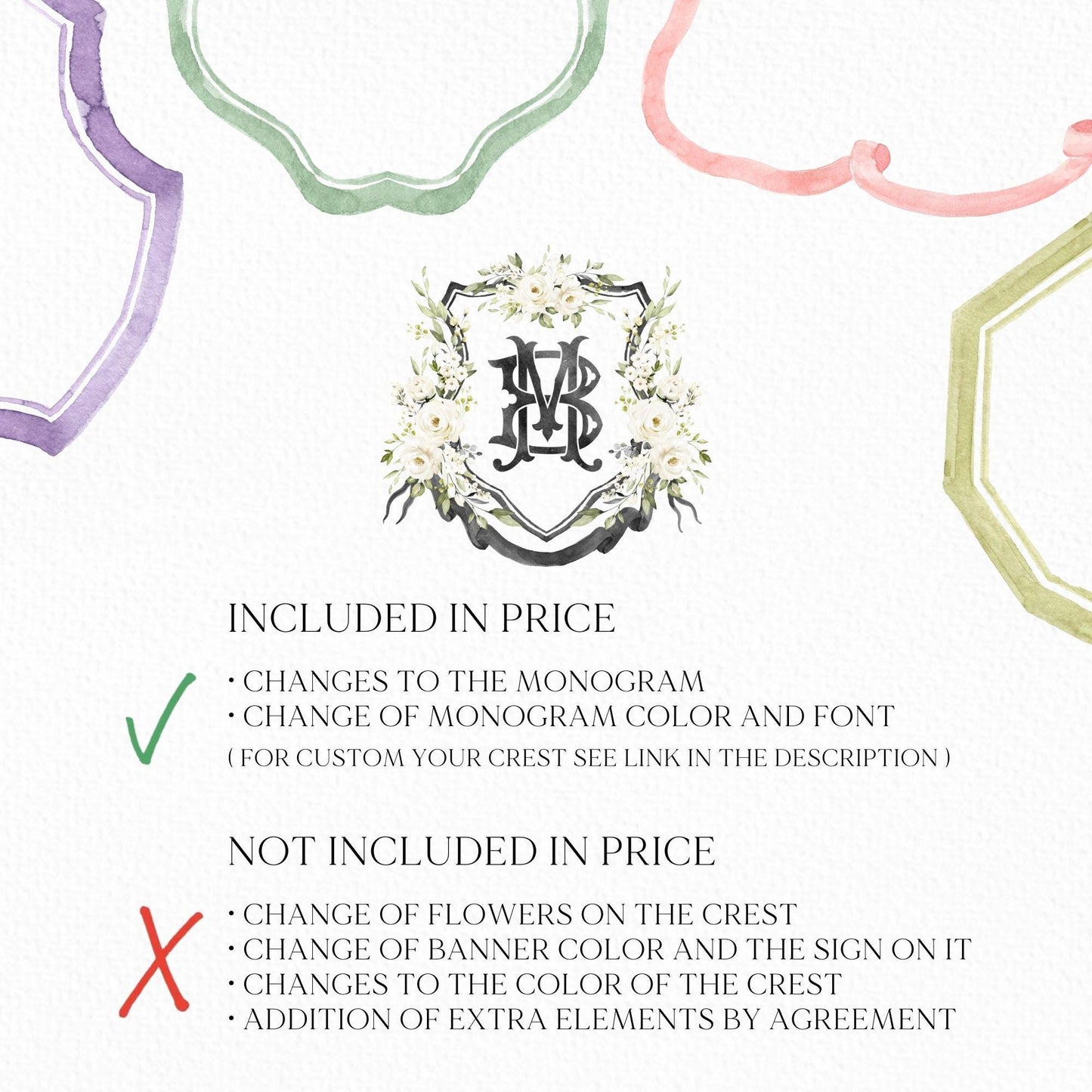 Creamy Rose Ivory Greenery White Flower Wedding Crest - Monogram Crest - White Floral Watercolor Wedding Crest - Romantic Wedding Crest