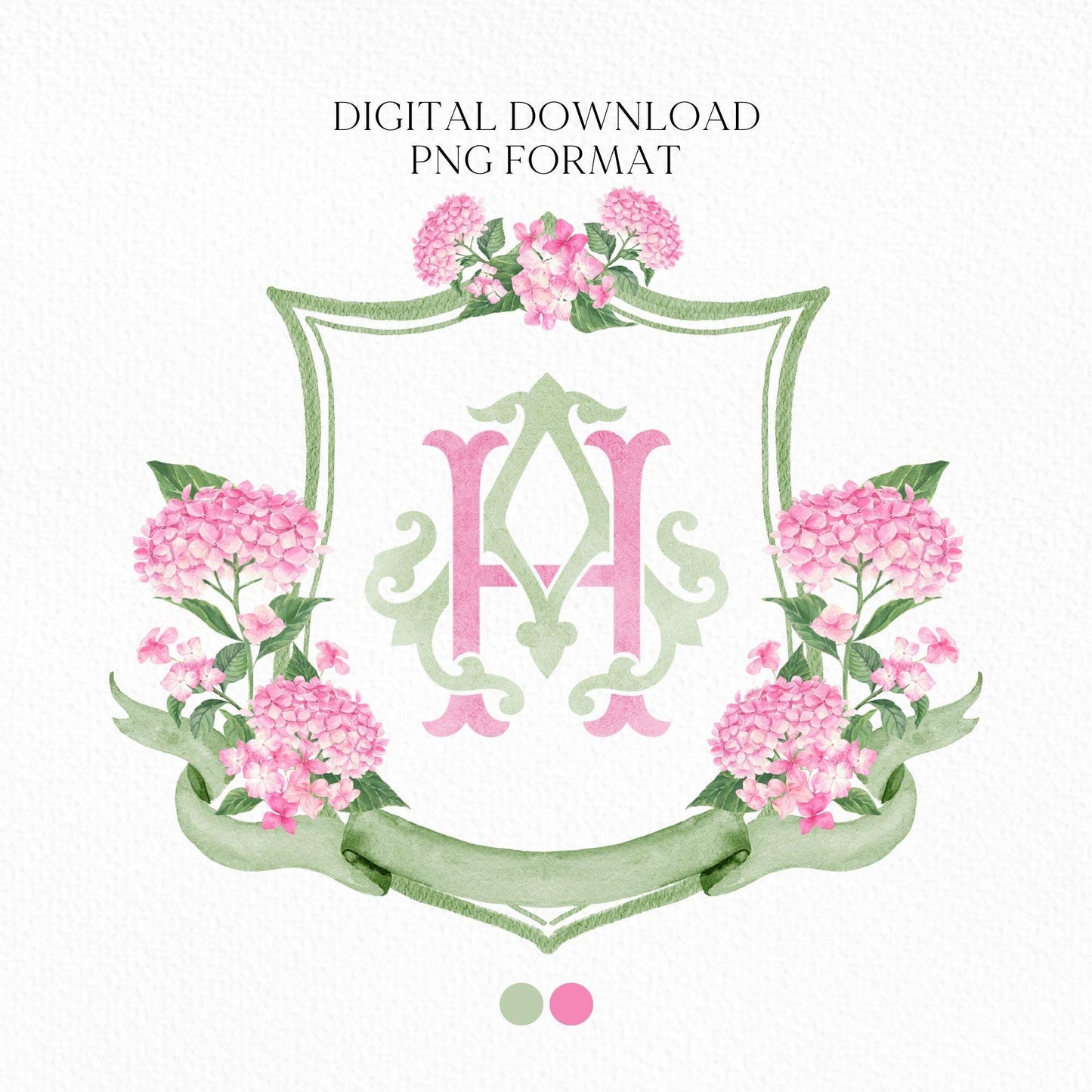 Pink Hydrangea Flower Wedding Crest - Monogram Crest - Hydrangea Light Pink Floral Luxury Watercolor Wedding Crest - Romantic Wedding Crest