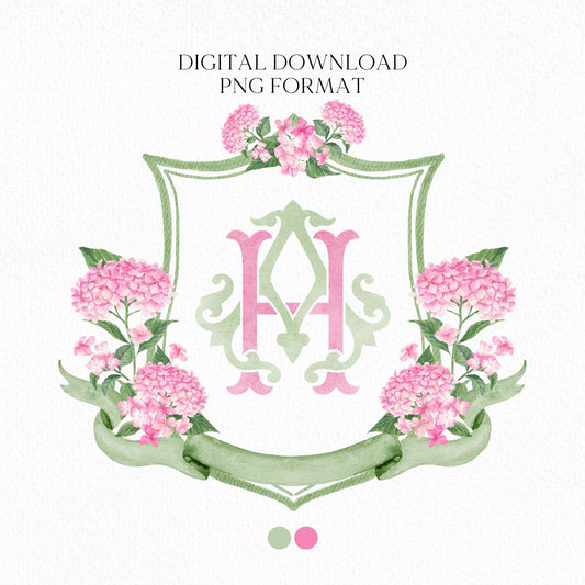 Pink Hydrangea Flower Wedding Crest - Monogram Crest - Hydrangea Light Pink Floral Luxury Watercolor Wedding Crest - Romantic Wedding Crest